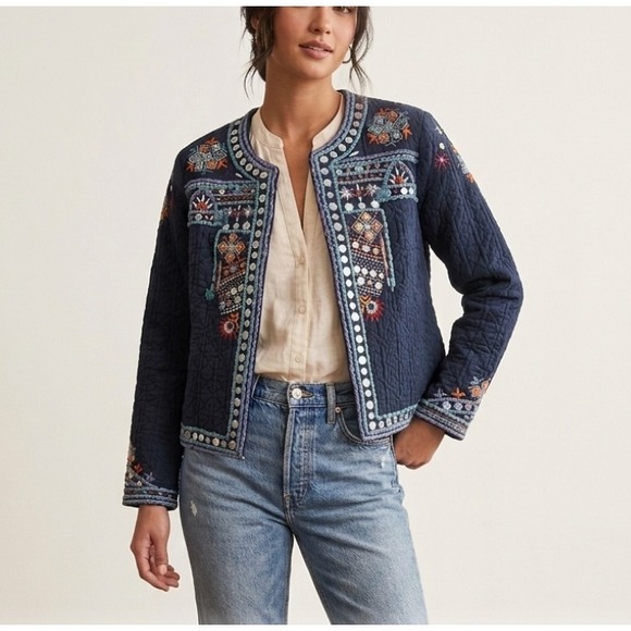 Temperance Jackets & Blazers - Temperance Navy Blue Embroidered Mirror Work Quilted Boho Jacket L